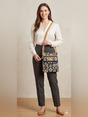 Stone Mountain EUC quilted, cotton Black & White floral print cross body bag.